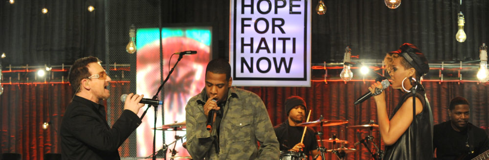 (left to right) Bono, Jay-Z, Rihanna, for Hope for Haiti Now